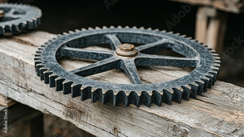 Close-up of decorative gears on weathered wood.