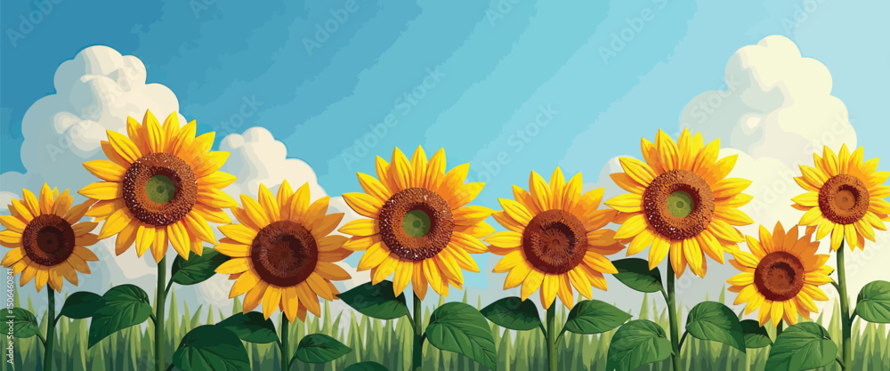 Obraz premium Sunflowers under blue sky vector simple 3d smooth isolated on white background