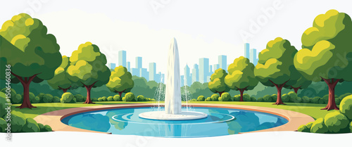 City park with fountain vector simple 3d smooth isolated on white background