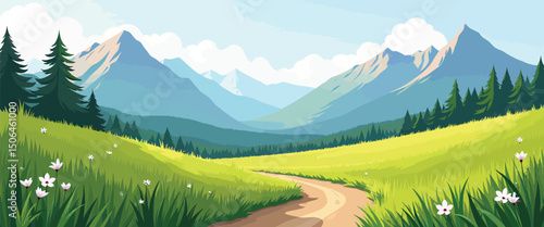 Trail through alpine meadow vector simple 3d smooth isolated on white background