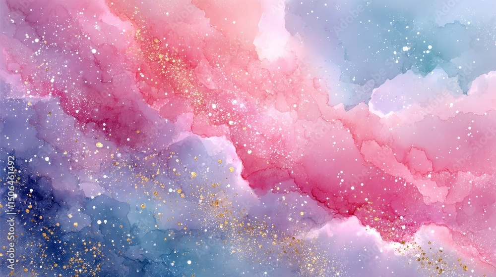 Fototapeta premium White background with pastel pink and blue watercolor washes and glitter sprinkles creating a dreamy soft abstract artistic design with delicate textures and elegant gentle colors.