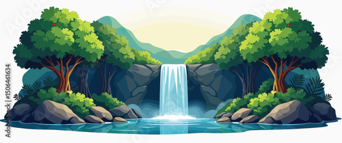 Rainforest waterfall vector simple 3d smooth isolated on white background