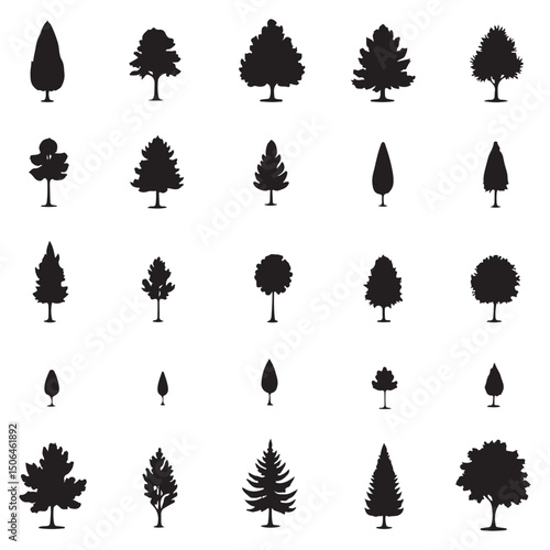 vector, tangled, beech tree, in silhouette, treetop, oak tree, forest, leaf, birch tree, sycamore tree, tree, ash tree, back lit, black and white, black color, branch - plant part, icon set, evergreen