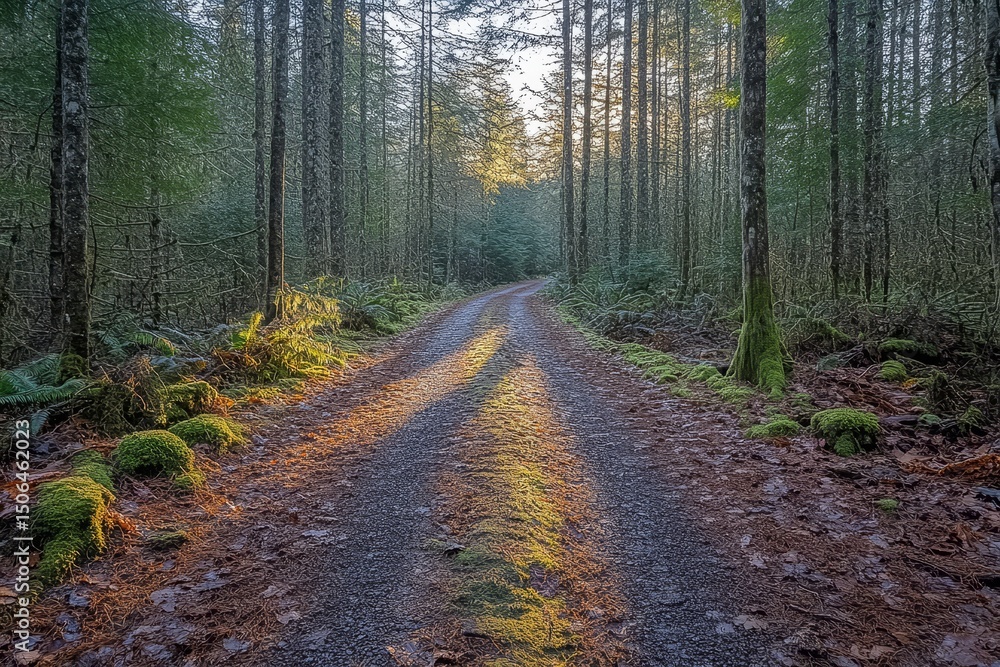 Fototapeta premium Sunlit forest road, moss, trees, peaceful, nature scene