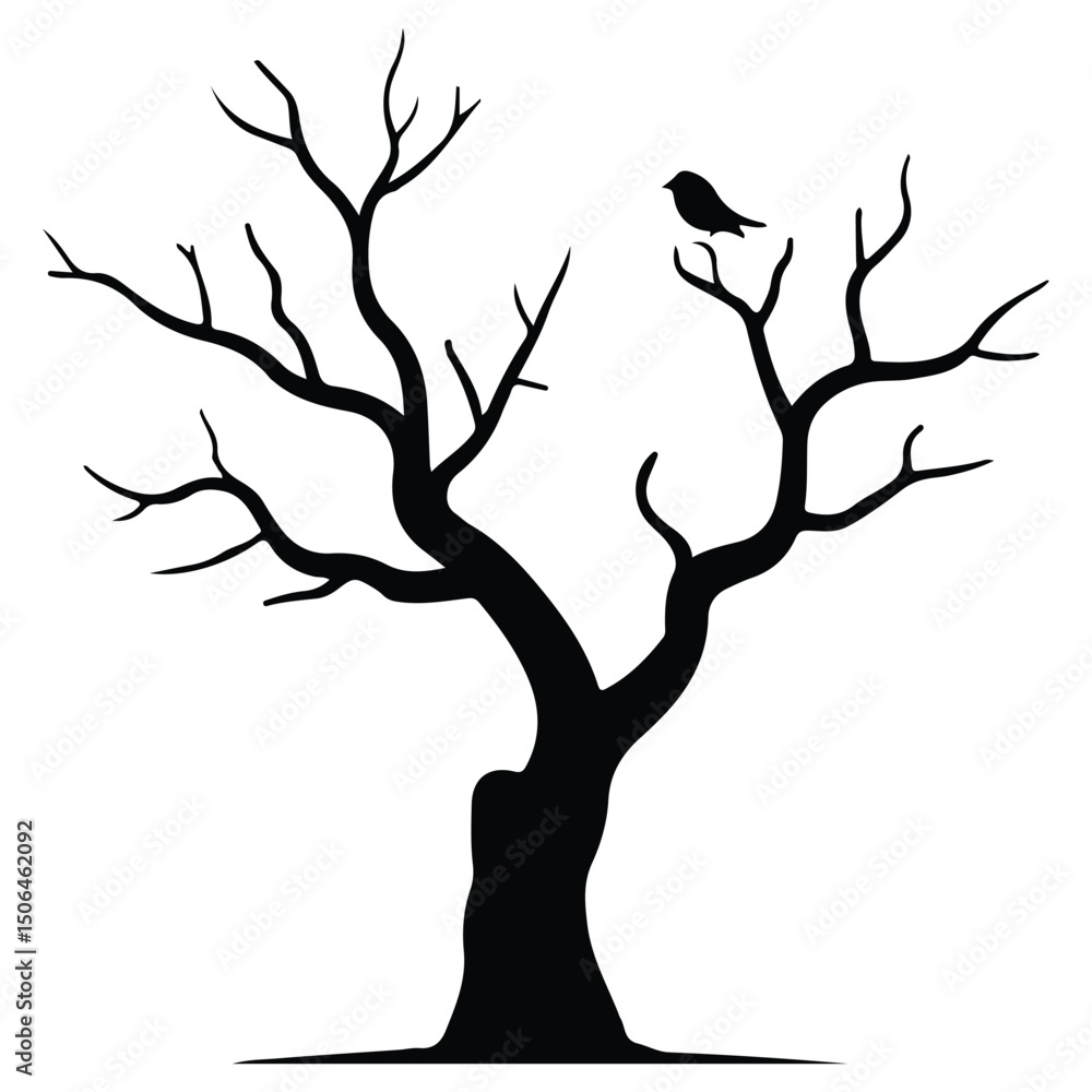 Obraz premium Black vector silhouette of a tree with bare branches on white background