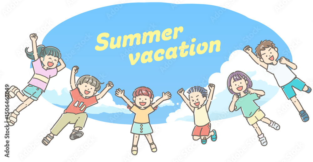 青空を背景にジャンプする子供たちのイラスト 青空を背景にジャンプする子供たちのイラスト