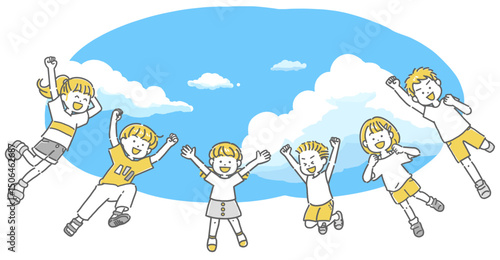 青空を背景にジャンプする子供たちのイラスト