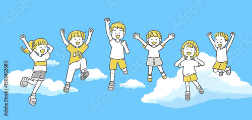青空を背景にジャンプする子供たちのイラスト