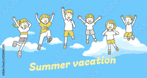 青空を背景にジャンプする子供たちのイラスト
