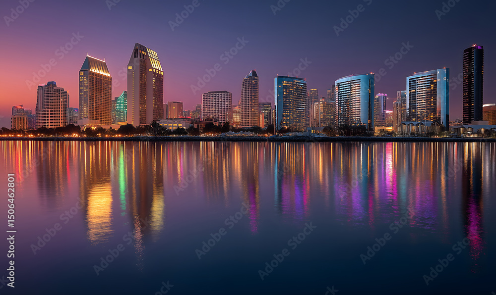 Fototapeta premium Beautiful night view of the city with purple and pink tones.