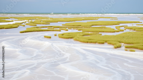 Wind-induced water level fluctuations in the salty shallow bays of the sea. The tide is caused by a strong wind, piled-up water floods the salt marsh