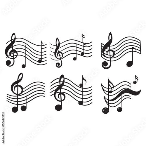 Musical Notes and Staff Set Vector Illustrations for Music Design