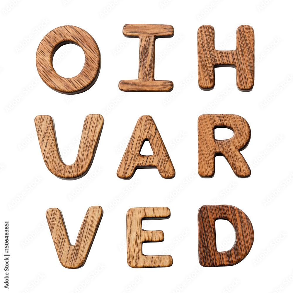 Wooden letters arranged on a Transparent background showcasing unique shapes and textures, Wooden letters isolated on PNG background Wooden letters arranged on a Transparent background showcasing unique shapes and textures, Wooden letters isolated on PNG background