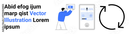 Male figure interacts with smart home display featuring playback and volume controls. Circular arrows depict process continuity. Ideal for automation, user interface, innovation, technology, smart