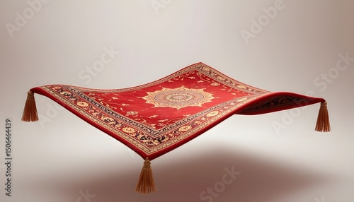 , Red flying magic carpet with oriental ornament on transparent background. Woven silk rug hovers mid-air. Ornate arabian textile from fairy tale, fantasy, luxury lifestyle with 