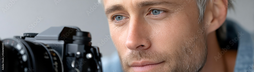 Fototapeta premium A man with light stubble intently focuses on a black camera, preparing to take a photograph.