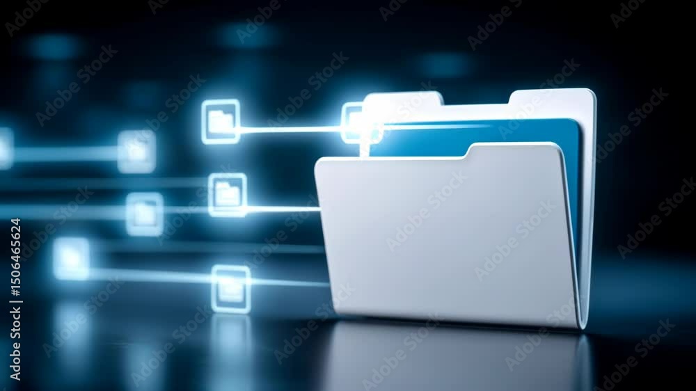 Digital folder with glowing file icons representing data transfer and organization futuristic technology, showcasing efficient digital data management