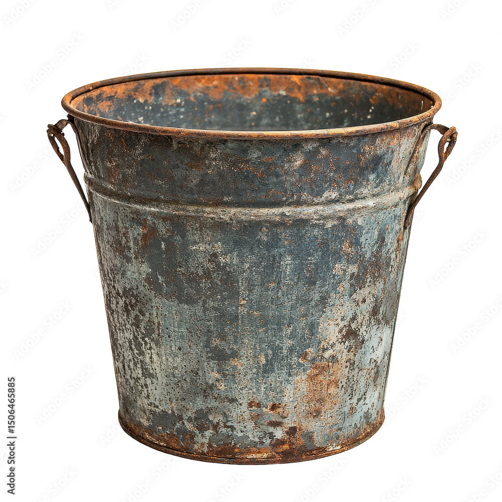 Metal bucket with weathered surface on a Transparent background showcasing vintage charm and rustic appeal, Large Metal Bucket, PNG background Metal bucket with weathered surface on a Transparent background showcasing vintage charm and rustic appeal, Large Metal Bucket, PNG background