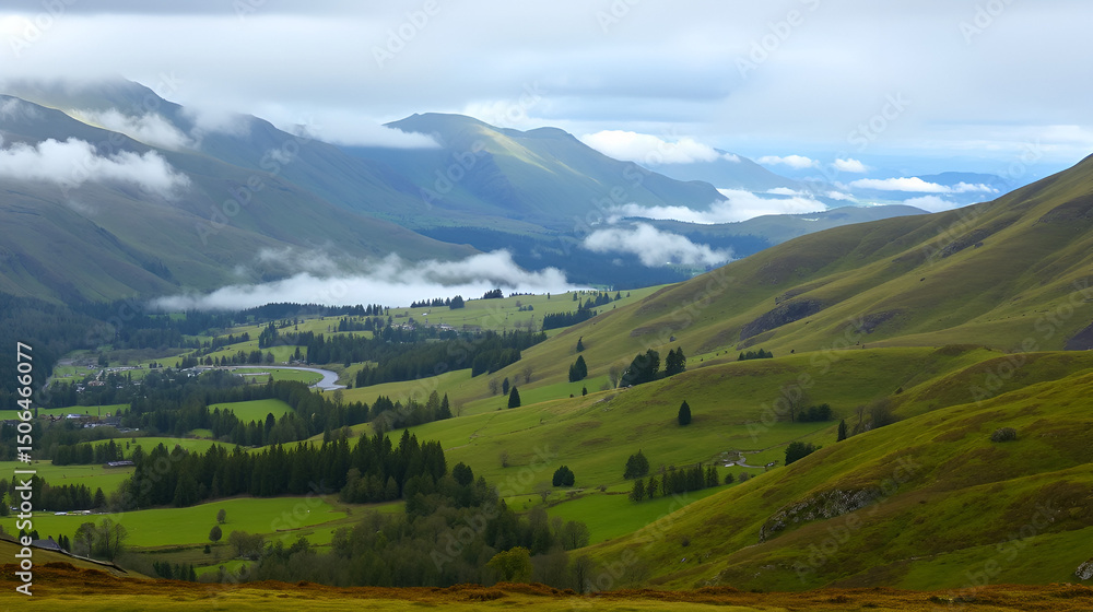 Naklejka premium Misty valleys and verdant hills in the Scottish Highlands.