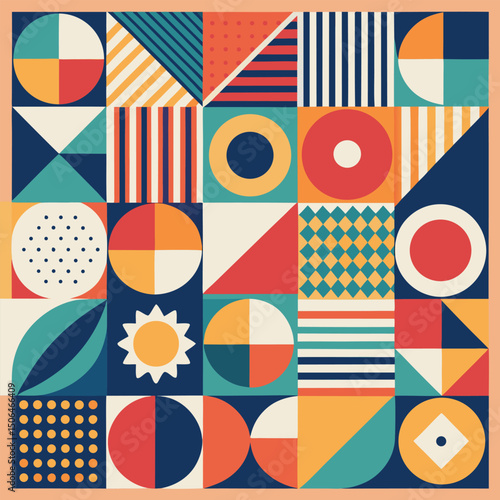 Geometric pattern vector background with Scandinavian abstract color or Swiss geometry prints of rectangles, squares and circles shape design