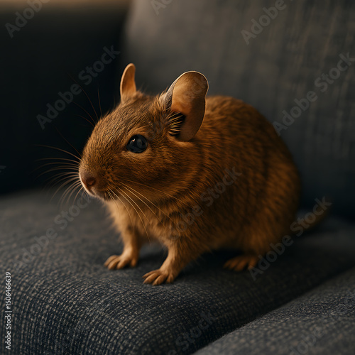 A small, furry rodent with large ears and dark eyes sits alertly on a textured dark gray surface, its whiskers prominent