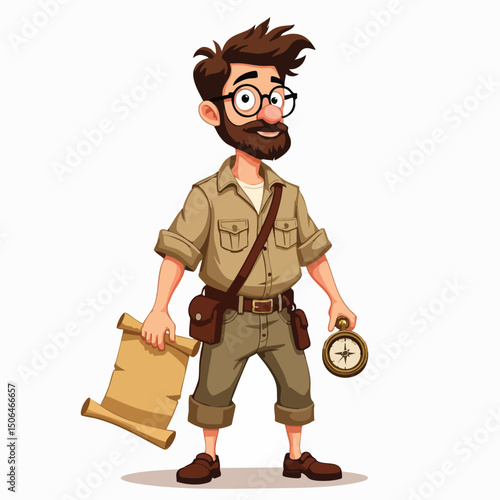 Cartoon Archaeologist with Compass and Map Scroll