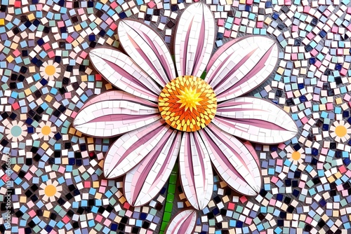 Colorful mosaic flower with pink and white petals on tiled background
