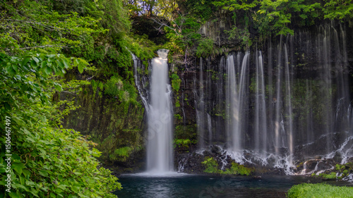 Breathtaking view of Shiraito no Taki waterfalls cascading down a lush, moss-covered cliff into a tranquil pool below.