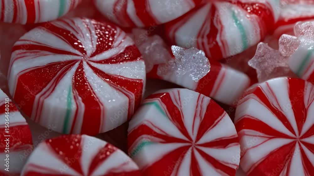 Close-up video of round peppermint candies with red and white stripes and star-shaped candy pieces scattered around them, holiday dessert assortment.