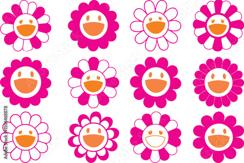 Smiling funny flowers stock images on white. Smiling faces, Cute camomile happy emotion. Illustration of smile floral flower, bloom camomile. Hippie 60s, 70s style. Emotion stickers, editable EPS 10.