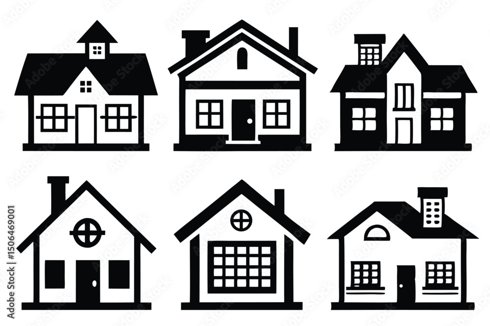 Fototapeta premium Set of six different houses in black and white vector illustration