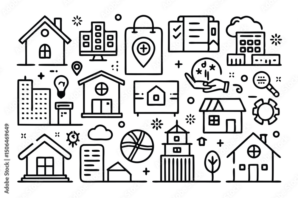 Real Estate and Cityscape Icons in Black and White Doodle Style Real Estate and Cityscape Icons in Black and White Doodle Style
