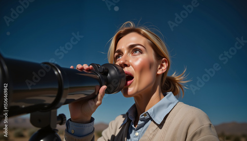 Woman looking through telescope under daytime sky