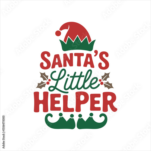 Festive christmas graphic design featuring santa's little helper and elf hat in vivid colors