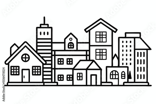 Cityscape Illustration Hand Drawn Black and White Buildings Houses and Skyscraper