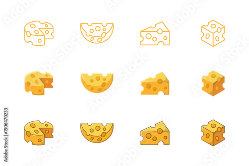 Cheese Icon Set – Outline, Flat, and Cartoon Style Cheese Wedges and Blocks
