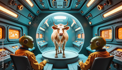 Cow inside alien spaceship being studied by aliens