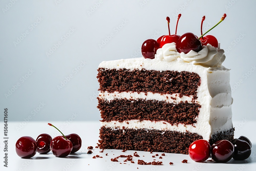custom made wallpaper toronto digital Black Forest Cake Slice With Whipped Cream And Cherries, Isolated Clean White Background