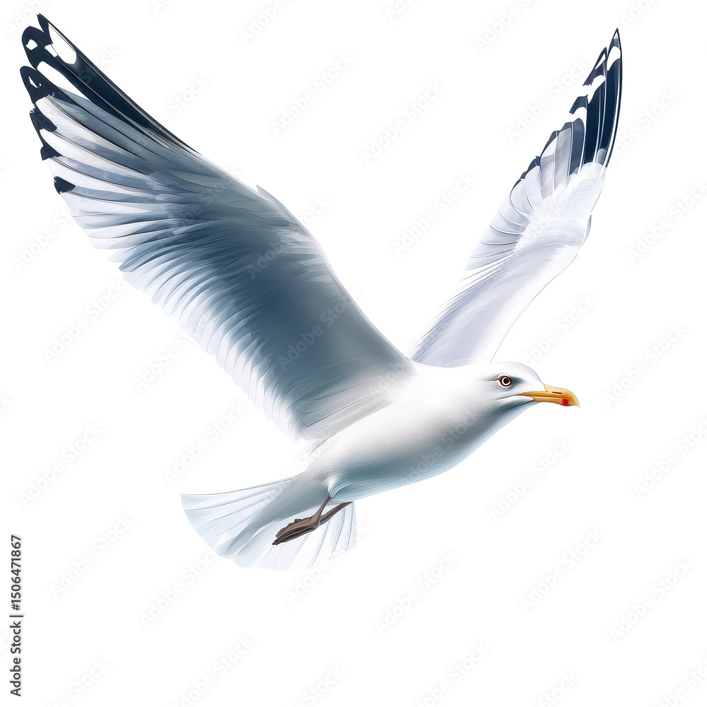 Obraz premium Seagull soaring gracefully against a white background in a serene atmosphere, Flying Seagull realistic. white background