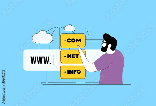 Domain registration with website name purchase and top level domains for online business. Domain registration secures digital identity and ownership for websites, internet presence vector illustration