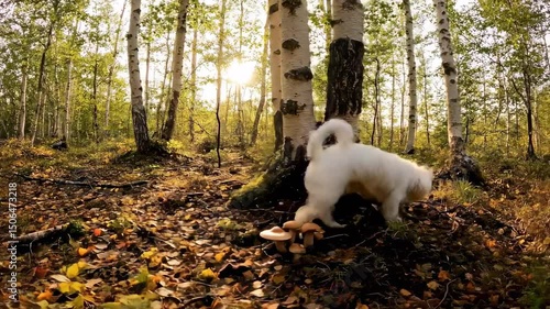 A small white dog exploring a sunlit forest floor filled with autumn leaves and mushrooms, surrounded by birch trees - petit chien