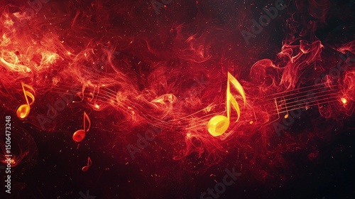 Abstract musical notes within fiery smoke.