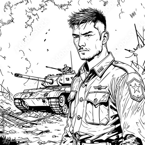 "Black and white war comic of a serious soldier standing with tank and battlefield ruins behind."