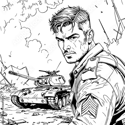 "Intense black and white war comic illustration of a military sergeant with tank in battle ruins."