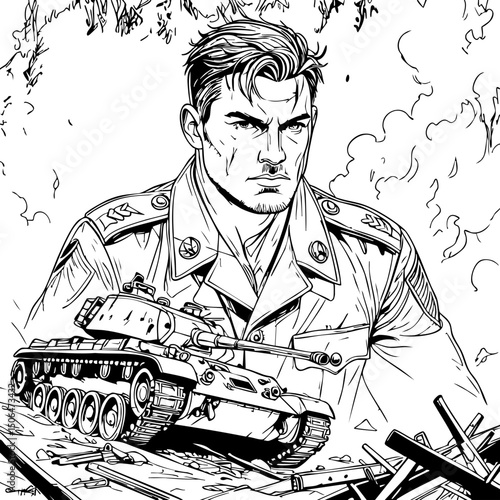 Black and White Illustration of Military Commander with Tank – Hand-Drawn War Comic Scene Featuring Soldier and Battlefield Wreckage