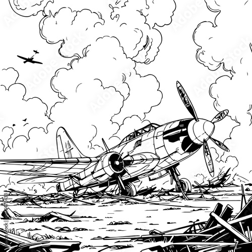 "Black and white illustration of a crashed warplane amid battlefield wreckage and smoke."