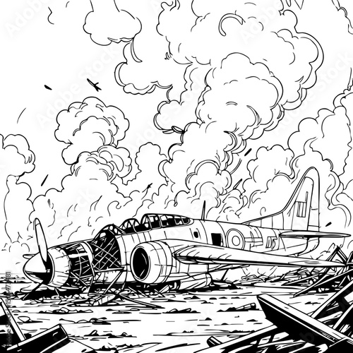 "Black and white illustration of a wrecked bomber plane amid smoke and battlefield debris."