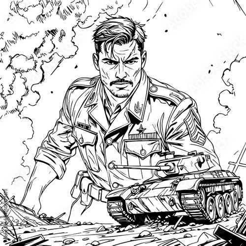 Black and White Illustration of Wartime Commander with Tank – Hand-Drawn Military Line Art for Comics, Posters, and Historical Action Designs