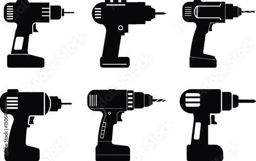 Modern Electric Cordless Drills  Silhouette Collection, Vector Power Tool Design