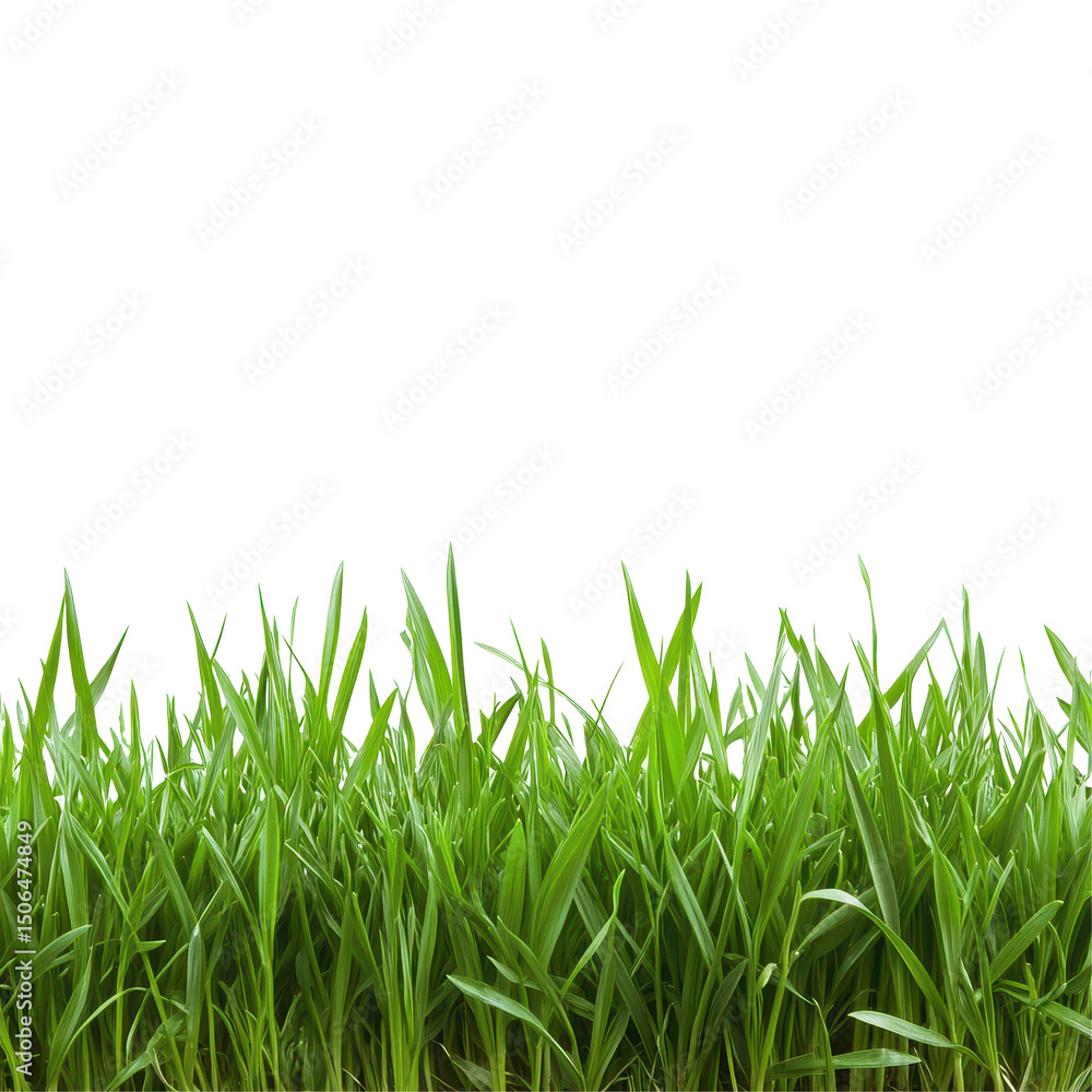 Obraz premium Vibrant green grass field contrasted against a bright white background creating a fresh and clean aesthetic, Green grass field isolated on white background